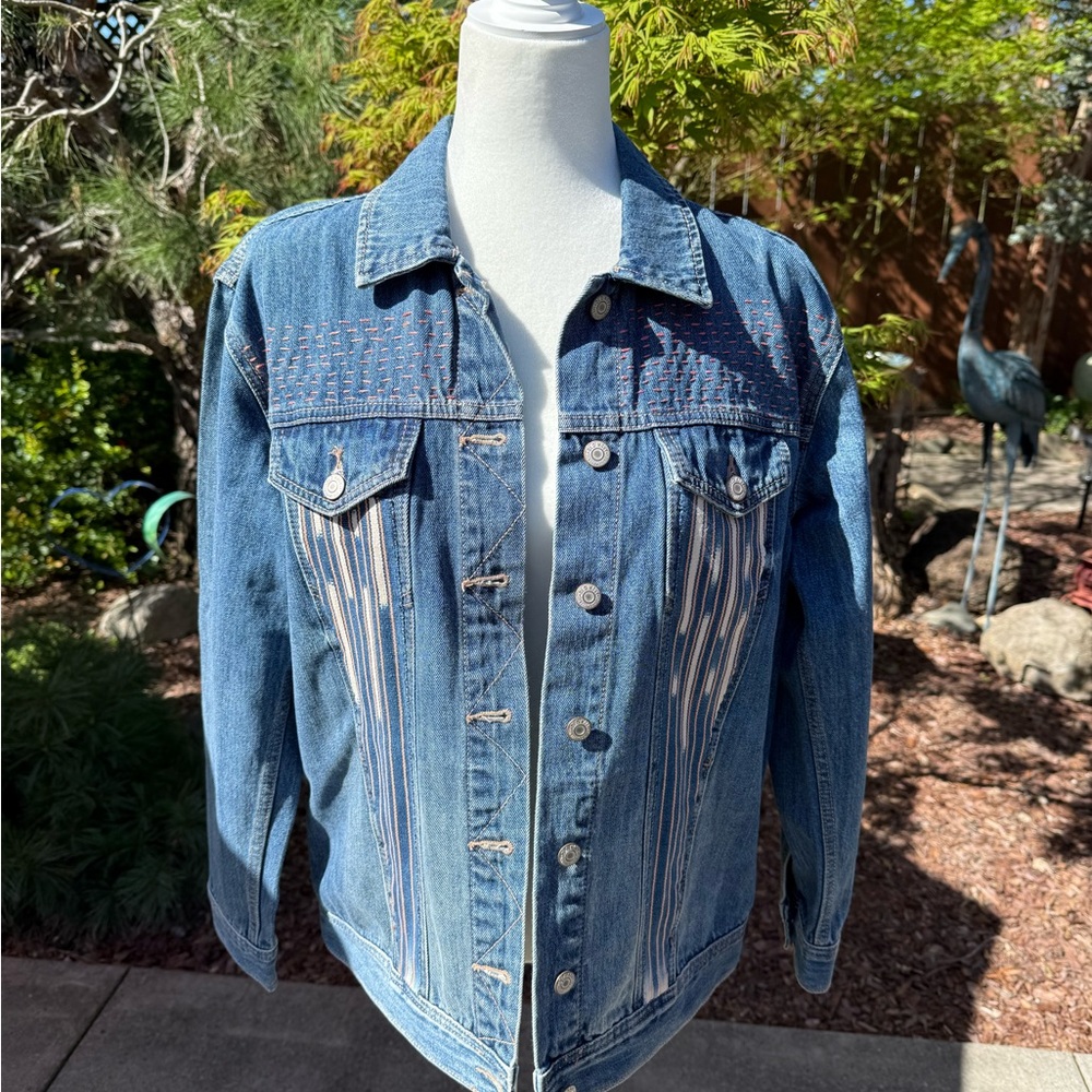 Blue Denim Jacket with Striped Front Panels and Embroidered Yoke